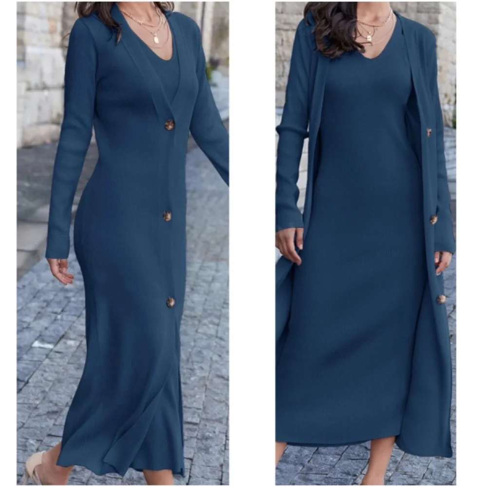 Classic Sleeveless Midi Dress Button Down Long Cardigan Set - Picture 3 of 11